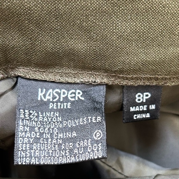 Kasper/Size 8 PETITE /Pant Suit /Olive Green Linen Blend /Jacket round button - Picture 8 of 9